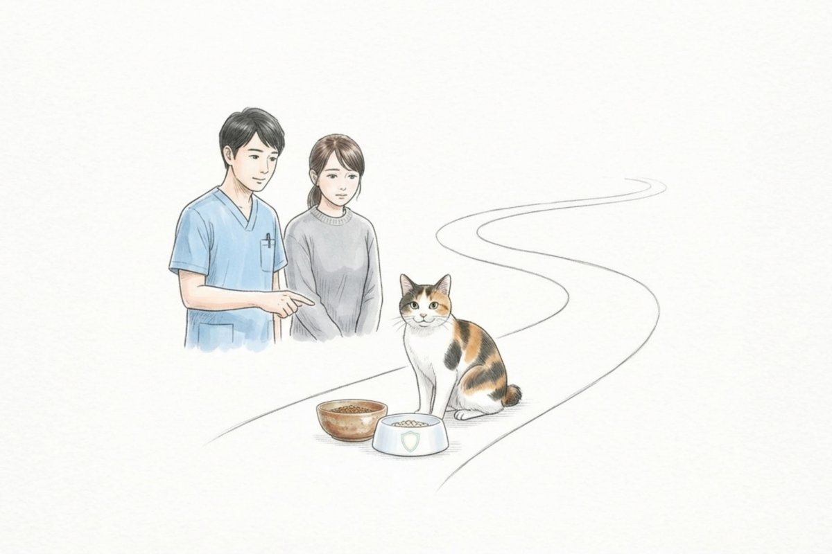 獣医師と飼い主が猫の前でフード皿を見比べ、腎臓病の食事(ニュートロ等の総合栄養食と療法食)の選び方を相談するイラスト