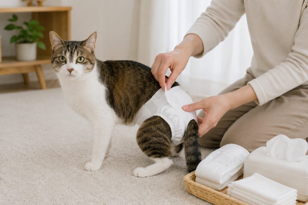 猫のおむつでうんち漏れ対策をする介護中の猫