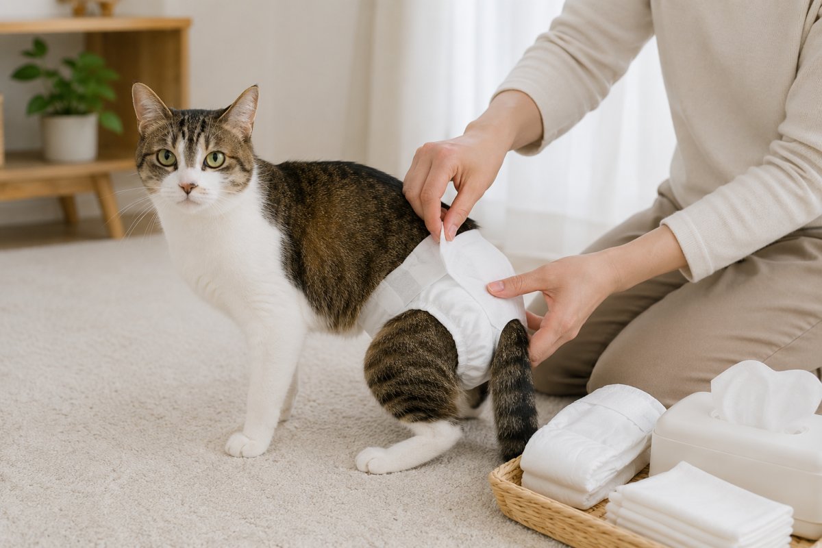 猫のおむつでうんち漏れ対策をする介護中の猫