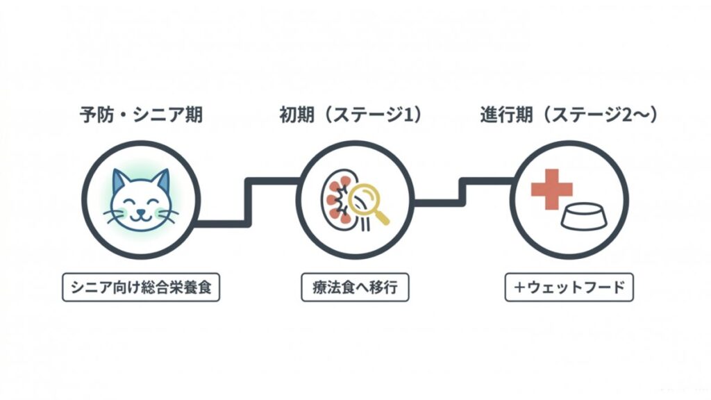 予防・初期・進行期の段階別に、総合栄養食から療法食へ移る流れを示す図解