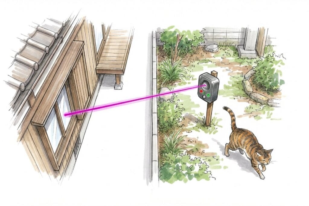 庭の支柱に付いた猫よけ装置から窓へ紫の線が伸び、直進する音のイメージが表現されている。遮る物がないと超音波が届きやすい距離感の理解に役立つ図。