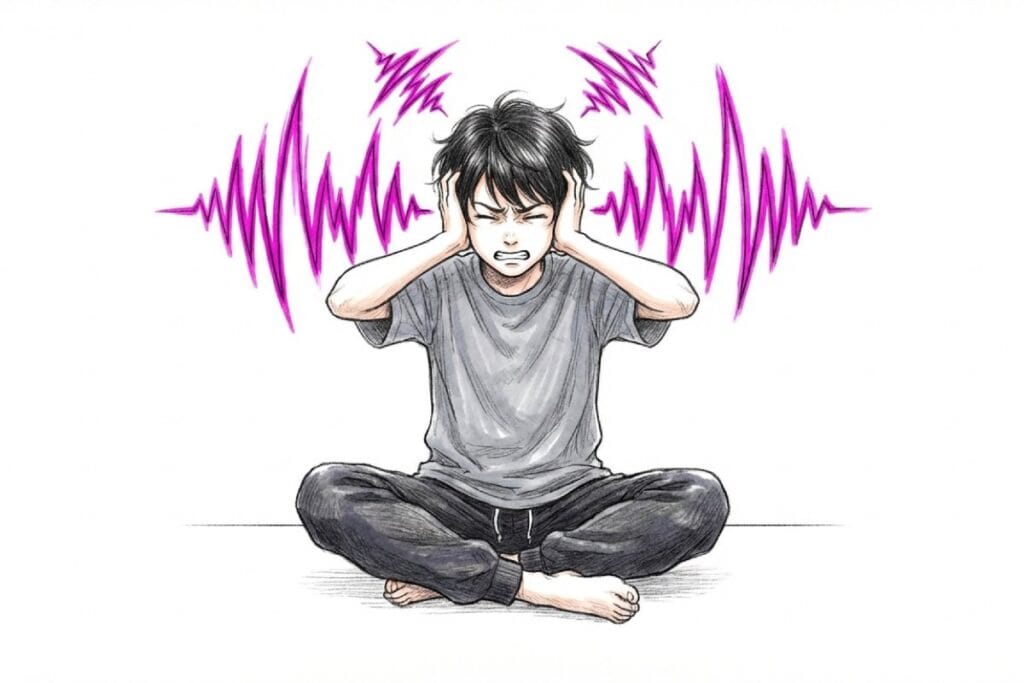 床に座って耳をふさぐ人物の周囲に鋭い波形が重なり、高い音への苦痛が表情に出ている。モスキート音が子どもや若者に不快に聞こえる状況を描いたイラスト。