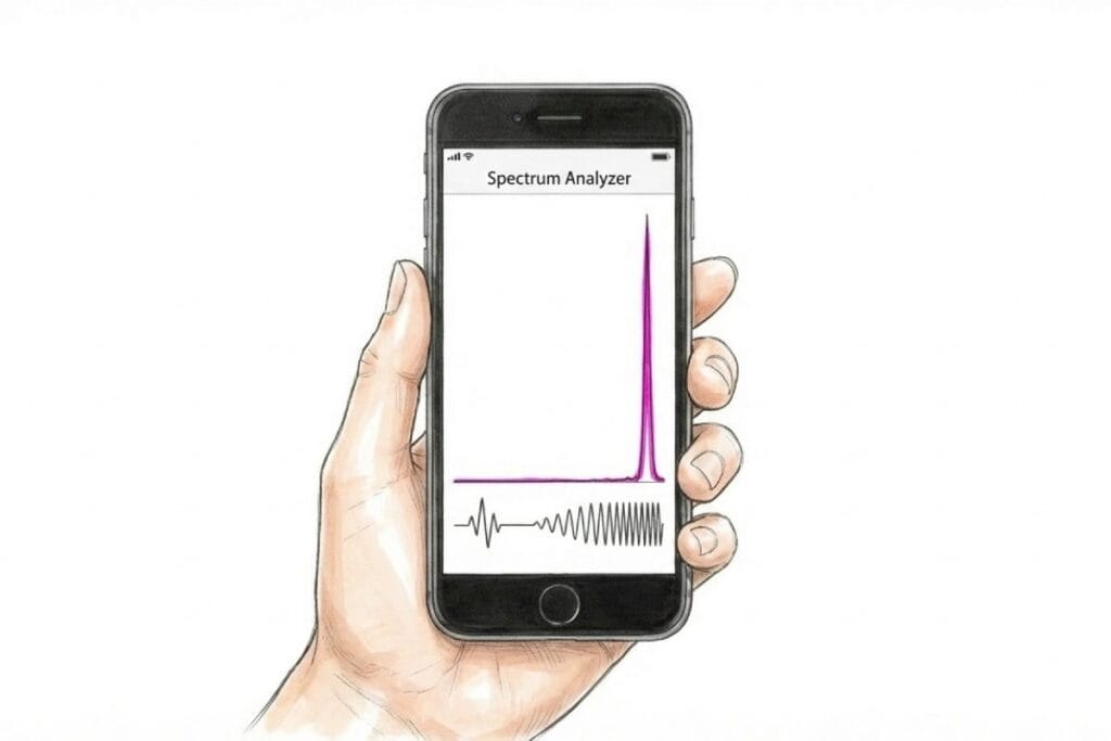 手に持ったスマホ画面にスペクトラムの山が立ち、特定周波数のピークが目立つ構図。周波数測定アプリで高周波ノイズを確認し、記録する手順が伝わる。