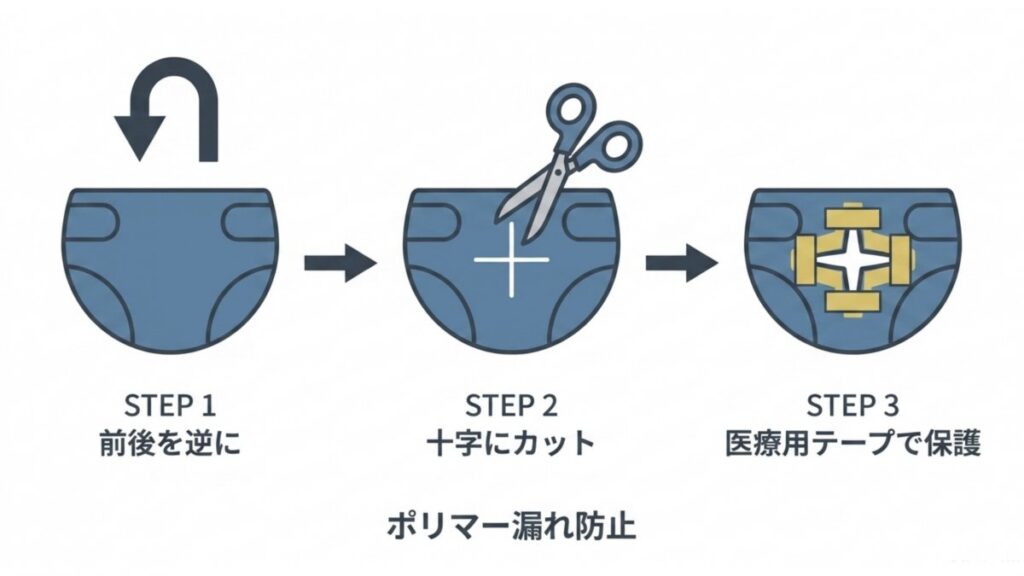 人間用おむつを前後逆にし、尻尾穴を十字カットして医療用テープで保護する一連の手順図