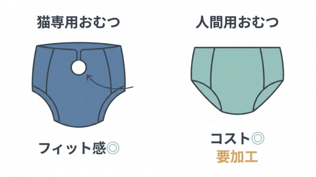 猫専用おむつと人間用おむつの形状差、フィット感と加工の必要性を左右に並べて示す比較図
