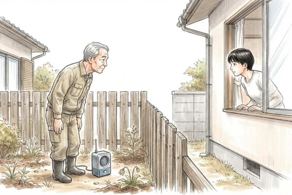 庭越しに高齢者と若者が向き合い、足元に装置が置かれた場面が描かれている。近隣トラブルを避けつつ、猫よけの超音波について相談する伝え方のイメージ。