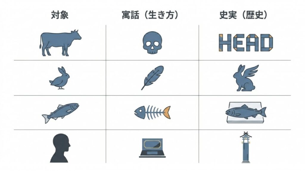 牛、鳥、魚、人を対象に寓話の説明と史実の語源を比較した表形式の図解
