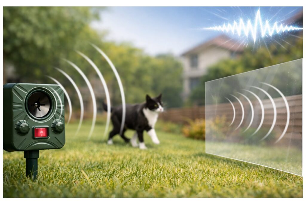 猫よけの超音波と透明板による対策イメージ