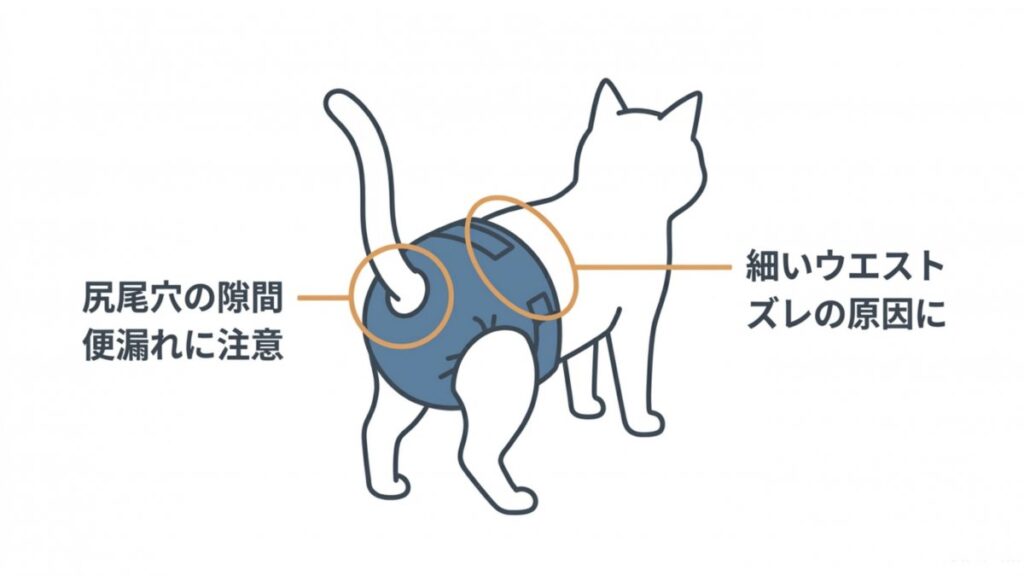 猫のおむつ装着時に尻尾穴の隙間と細いウエストが便漏れやズレにつながる箇所を示す図解