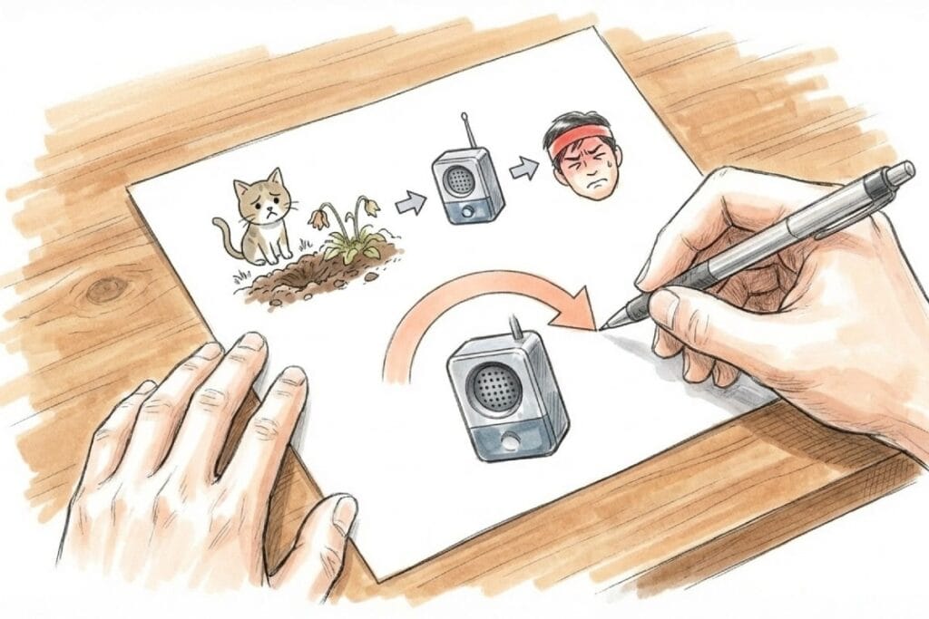 紙の上に猫・装置・人の順で矢印が描かれ、装置の位置を変える流れがイラスト化されている。猫よけ超音波の対策として、原因整理から調整までの全体像をまとめた構成。