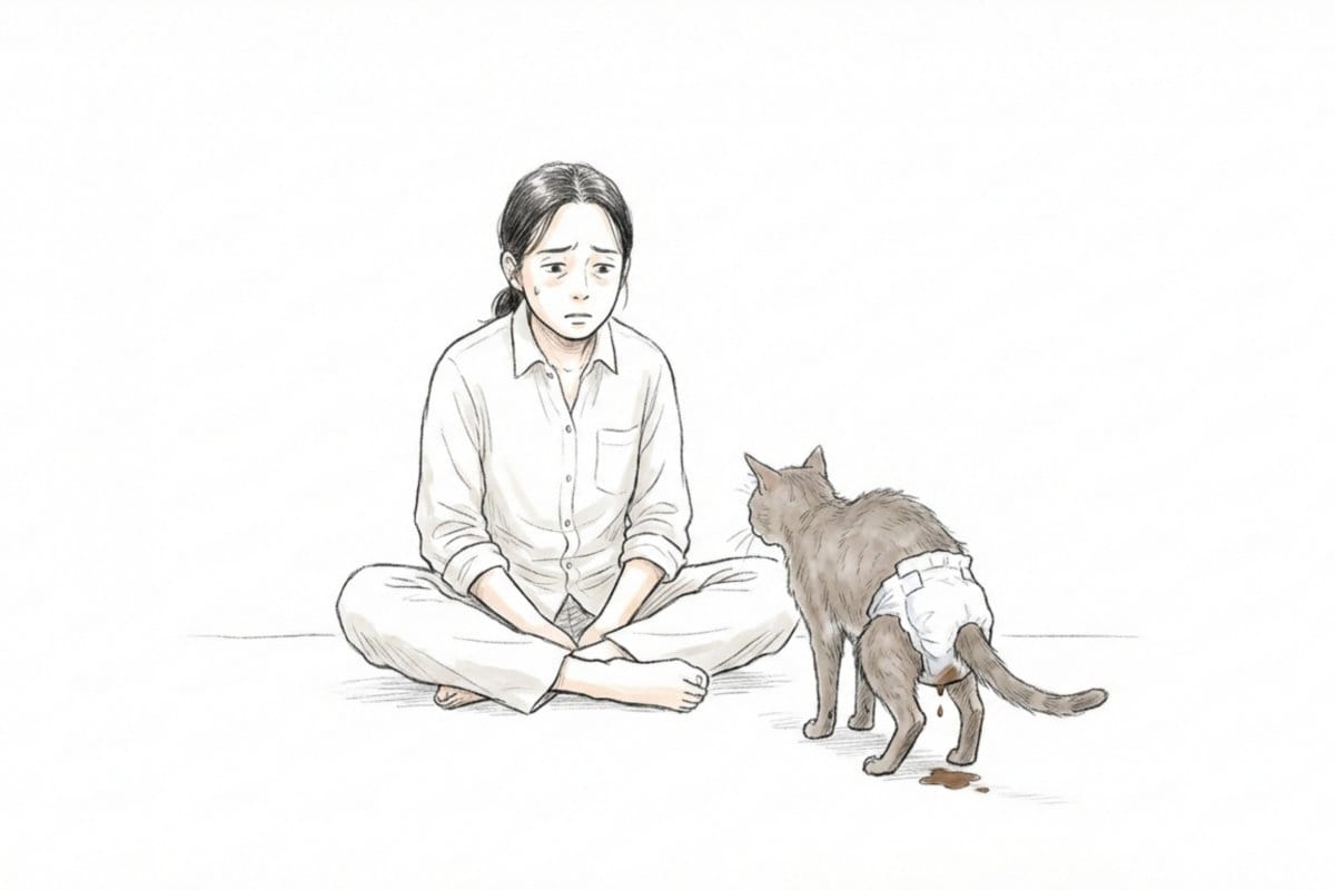 床に座る人物と、紙おむつを着けた猫、床の便の挿絵。猫のオムツとうんち対策のイメージ