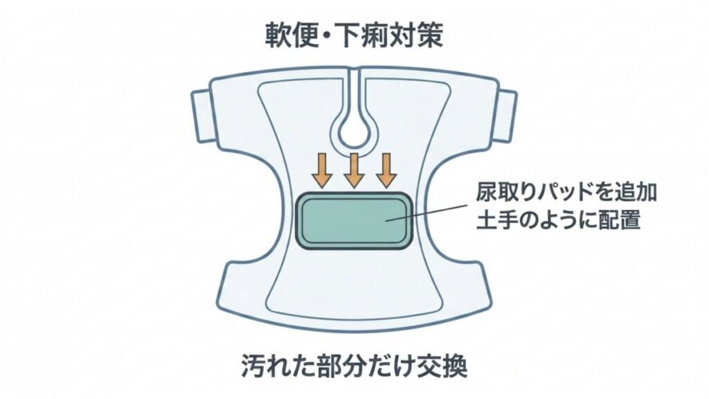 尿取りパッドをおむつ内に土手状に追加配置し、軟便や下痢の広がりを抑える方法の図解