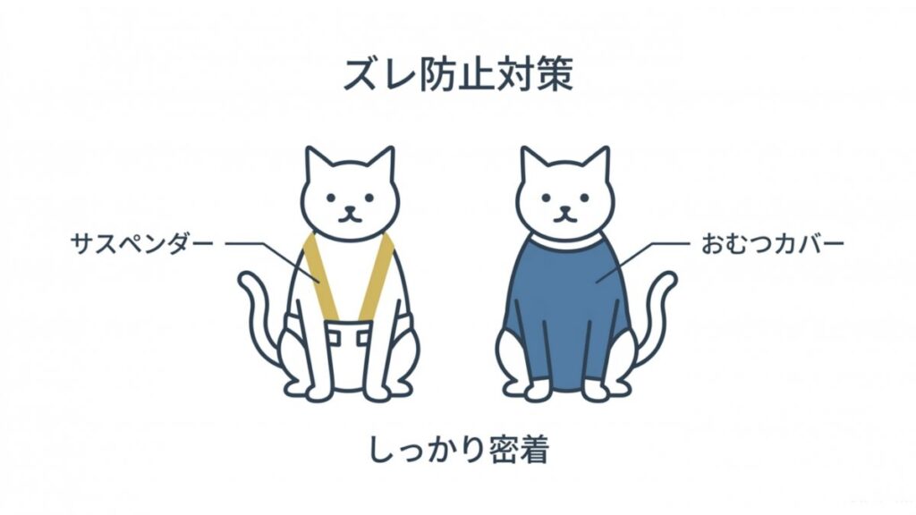 サスペンダーとおむつカバーの補助具を用いて、猫のおむつのズレを防ぎ密着させる方法の図解