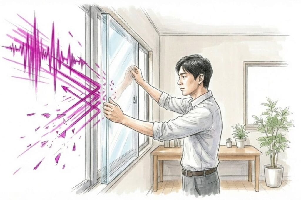 窓際で透明板を取り付ける人物と、外側から来る波が反射して戻る描写がある。アクリル板で侵入経路を遮り、高音を反射させる防音の考え方。