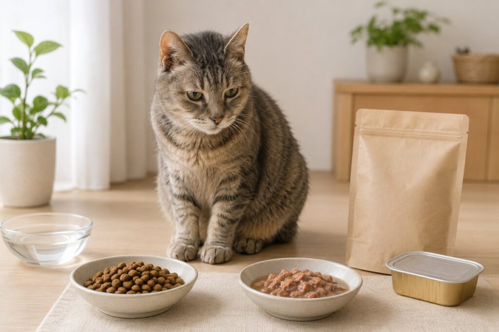 ニュートロと猫の腎臓ケア用フードを見比べる高齢猫