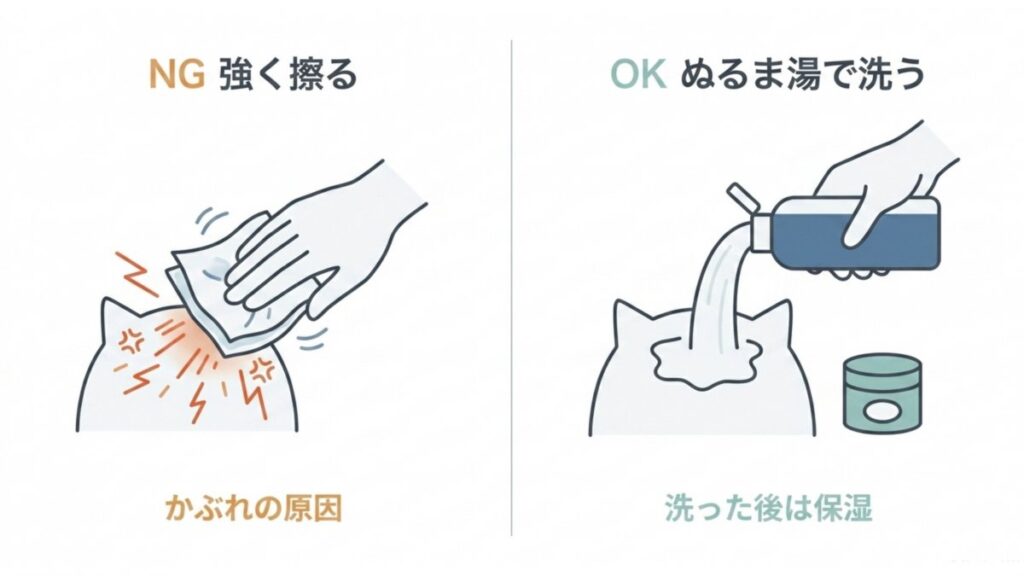 強く擦る処理とぬるま湯で洗う処理を並べ、肌への刺激とおむつかぶれ予防の違いを示す比較図