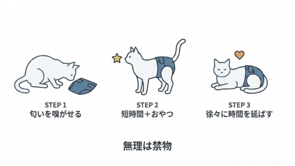 匂い確認から短時間装着、時間延長まで、猫をおむつに慣らす三段階の流れを示すステップ図