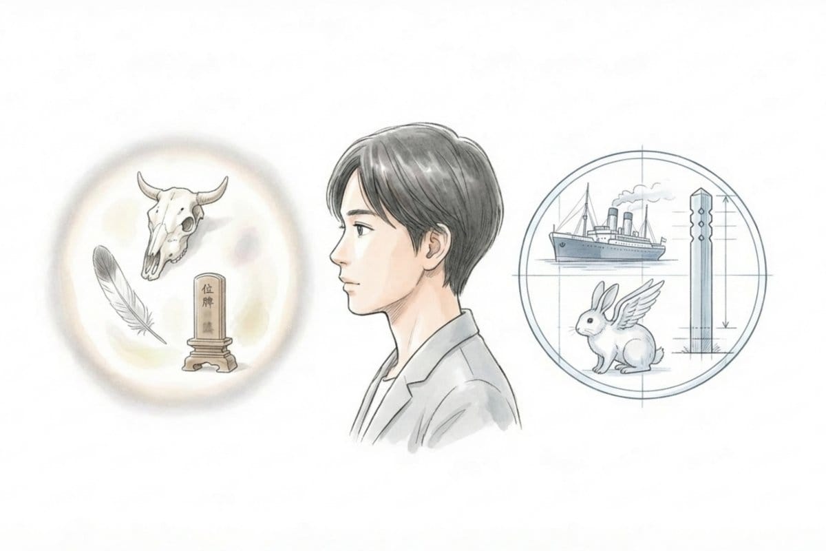 横顔の人物の前に、牛の頭骨・羽・墓標と、船や柱、翼のあるウサギの小図が左右に配置されたイラスト。助数詞と死んだ後に残るものの逸話、歴史的背景の両面を並べて捉えられる構成