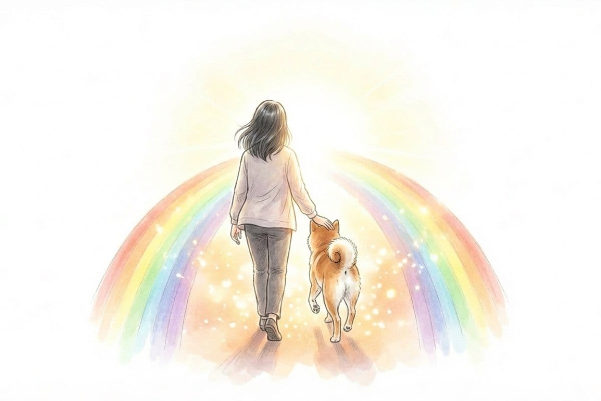 白い余白の中、女性が犬と並んで虹色の道をゆっくり歩き、足元から先へやわらかな光が広がるイラスト。穏やかな色彩で、ペットの四十九日を迎えた後も虹の橋で続く絆を思い描ける。