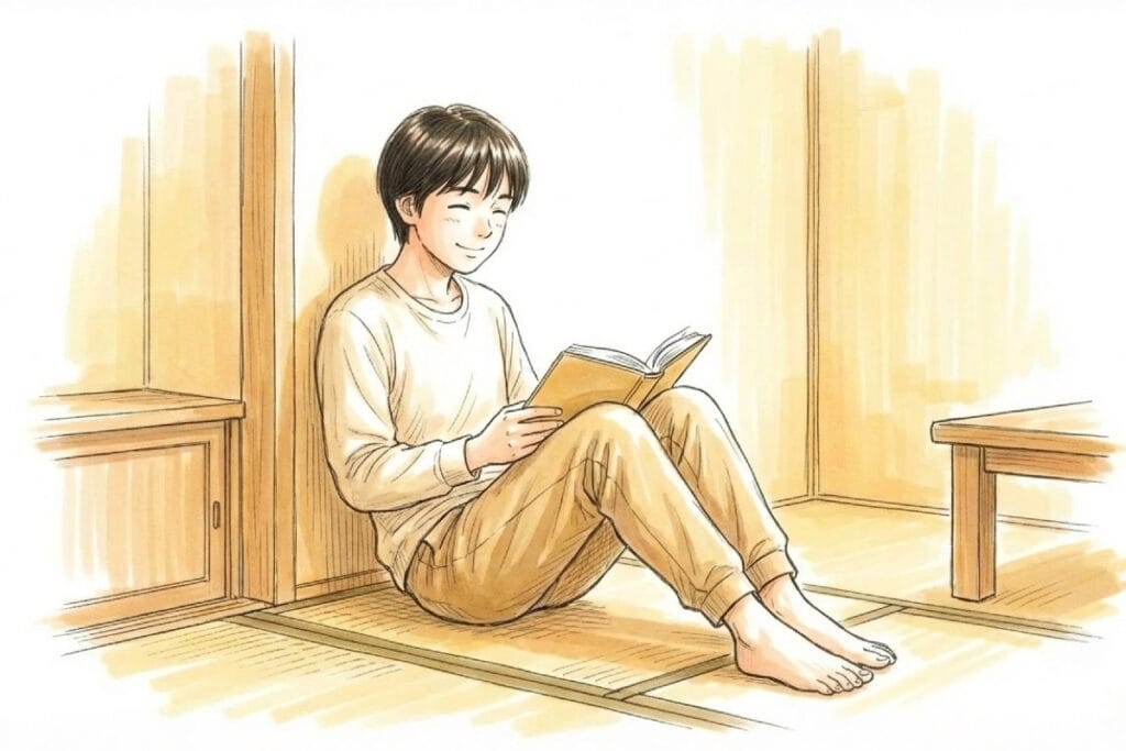 畳の部屋で本を読む人物が穏やかな表情で座り、静かな室内環境が強調されている。物理対策で自衛し、超音波のストレスを減らして落ち着いた時間を取り戻す場面。