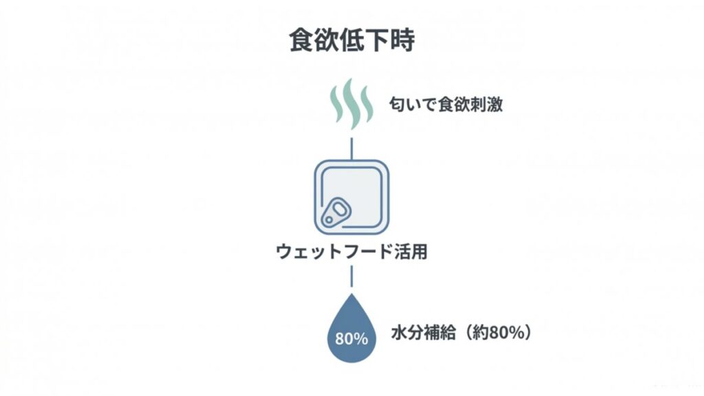 食欲低下時の匂いによる食欲刺激と、ウェットフードの水分補給を示す図解
