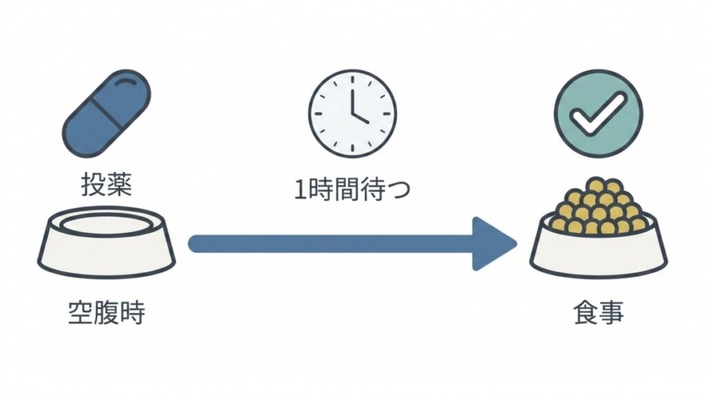 ガリプラント投薬後に1時間待ってから食事を与える流れを示すステップ図