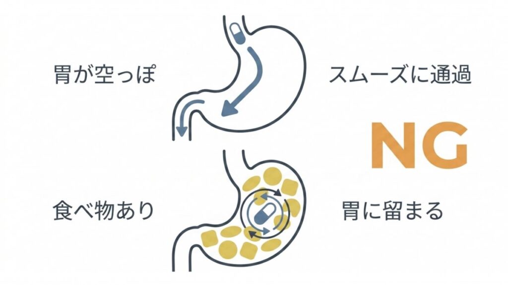 ガリプラントが空腹時と食べ物がある胃内で通過する違いを示す胃の図解