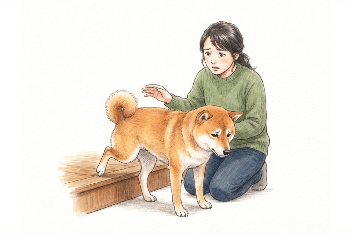 足を引きずる柴犬と、その様子を不安そうに見守る女性のイラスト