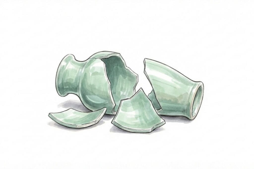 床に散らばった割れた花瓶。ペットシッター利用中に発生する物損トラブルと破損物の損害賠償対象。