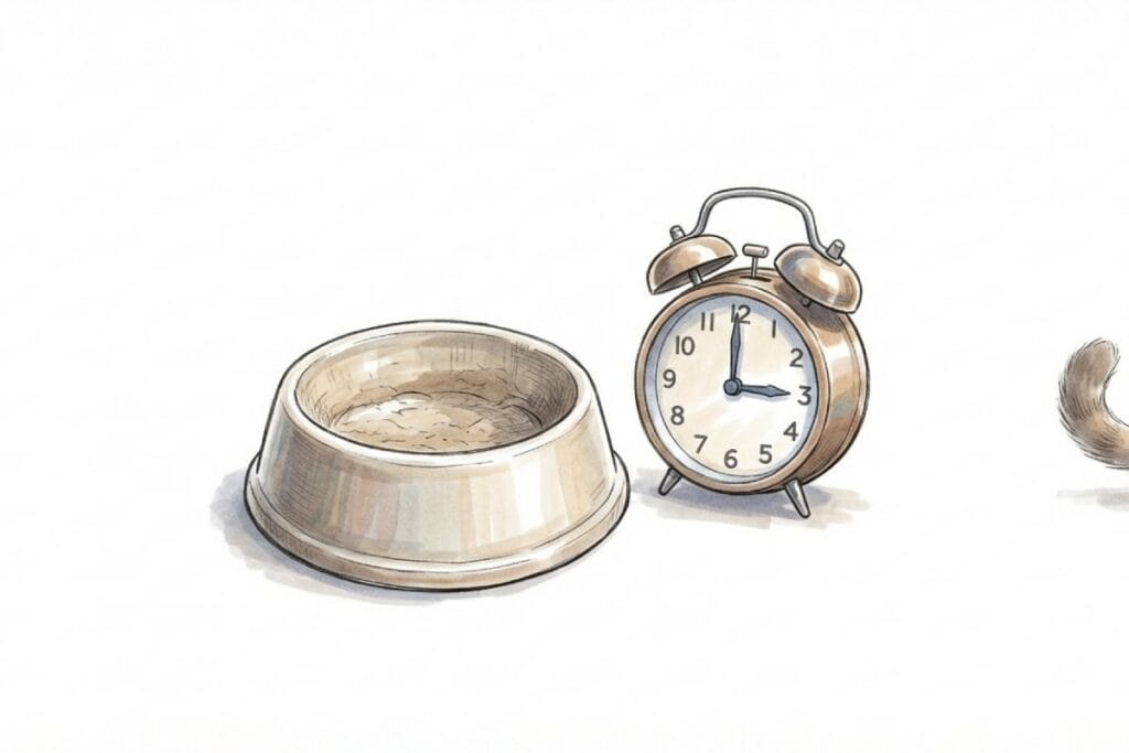 空のフードボウルと目覚まし時計。ペットシッターの給餌時間遅延や世話の実施状況を確認する管理イメージ。