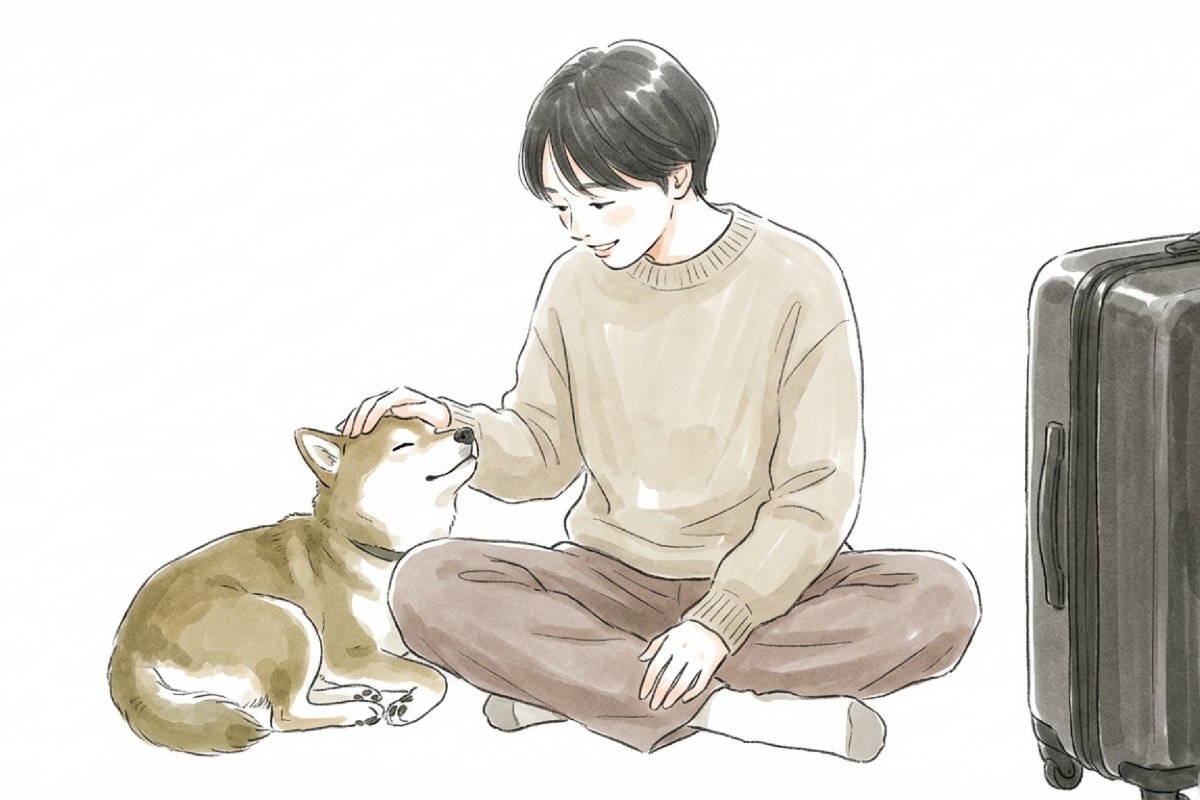 旅行の準備をする飼い主が犬をなでているイラスト。留守中にペットシッターへ依頼する前に、トラブル事例と対策を押さえるイメージ。