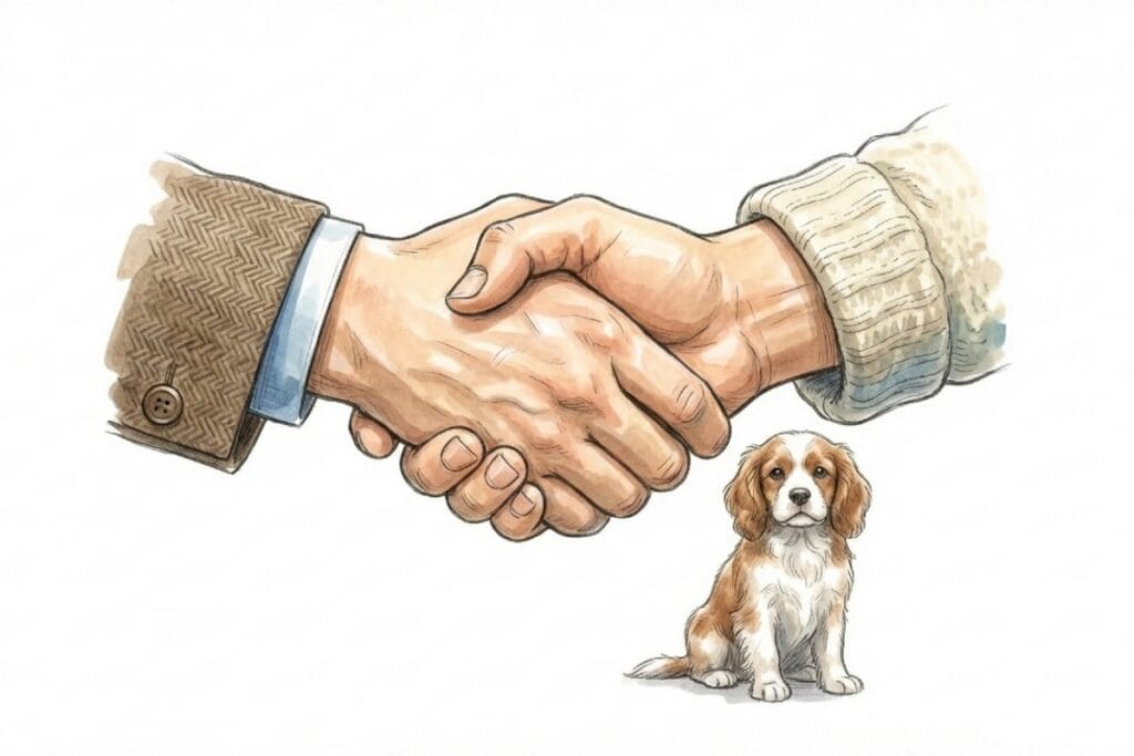 飼い主とペットシッターが握手する手元と足元の犬。事前面談での相性確認と依頼条件の合意。