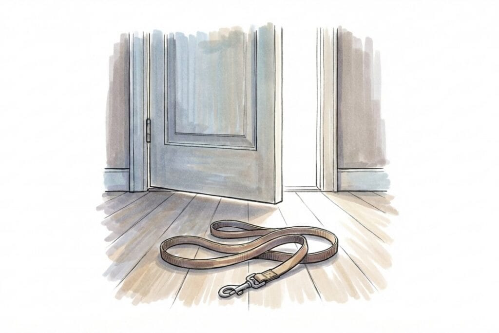 玄関ドアが半開きの室内に置かれた犬用リード。ペットシッター訪問時のドア開閉ミスによる犬猫の脱走リスク。