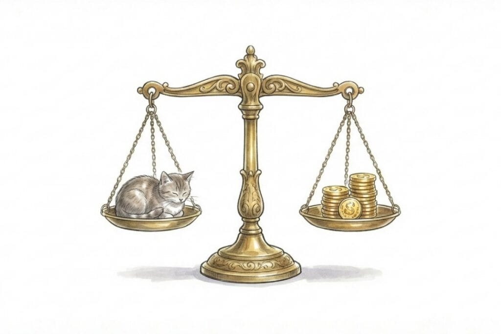 天秤の片側に座る猫と反対側の硬貨。ペット事故の損害賠償が時価評価を基準に算定される状況。