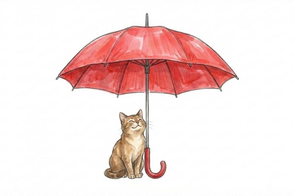 赤い傘の下で座る猫。ペットシッター事故に備える損害賠償保険加入と免責事項の確認。