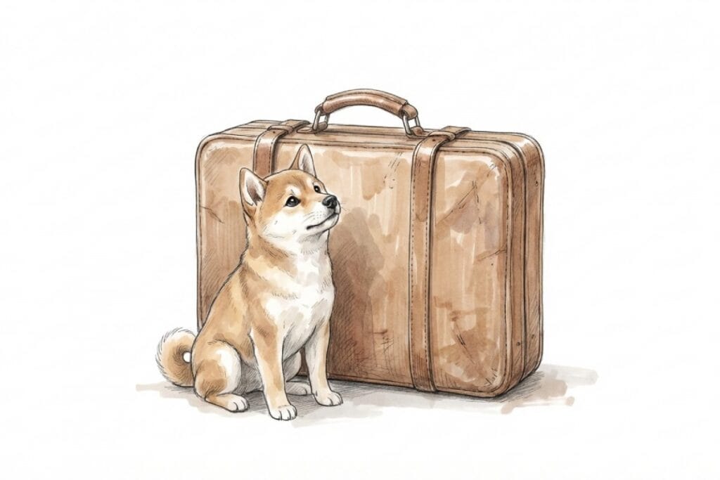 旅行用スーツケースの横に座る柴犬。飼い主不在時に訪問ペットシッターを利用して留守番する犬。