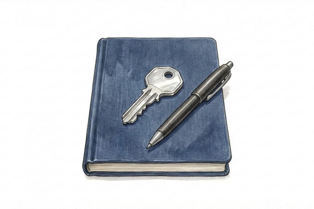 メモ帳の上に置かれた家の鍵とボールペン。ペットシッターへの鍵受け渡し手順と指示書の記録。