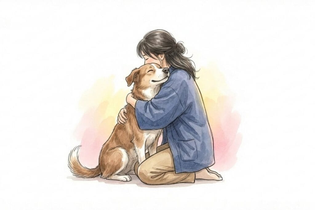 室内で犬を抱きしめる飼い主。留守中のペットシッター依頼に備えた安心確保と信頼関係の維持。