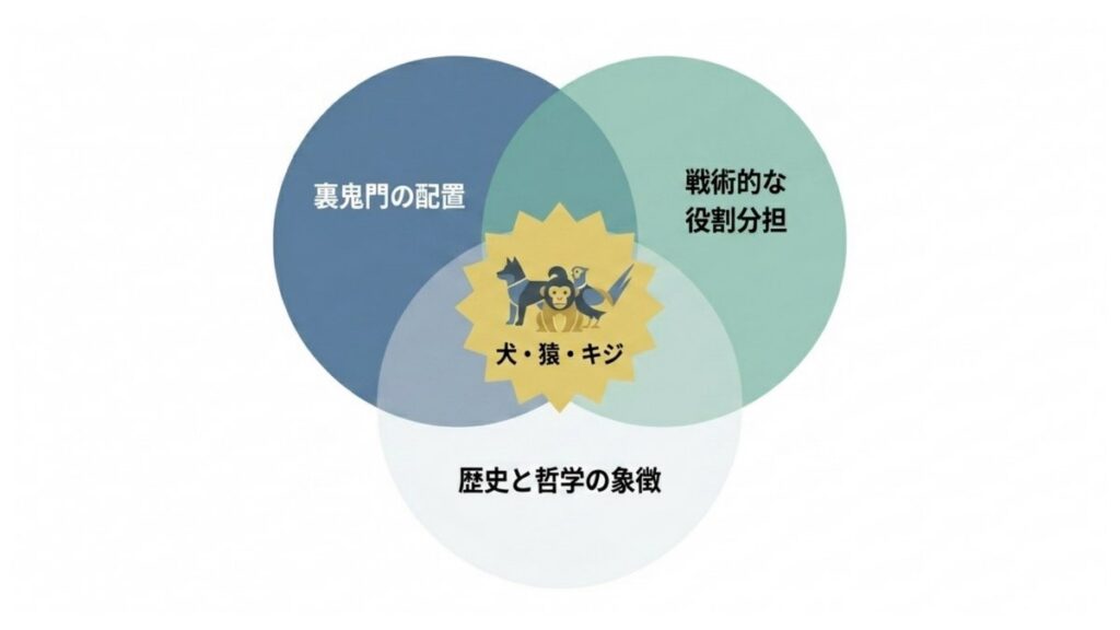 犬・猿・キジを、裏鬼門の配置・役割分担・歴史的象徴の重なりで示す図
