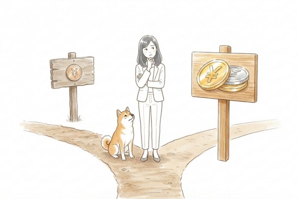 安いペットタクシー選びで料金に迷う飼い主と犬が分かれ道に立ち、料金看板と硬貨が描かれたイラスト