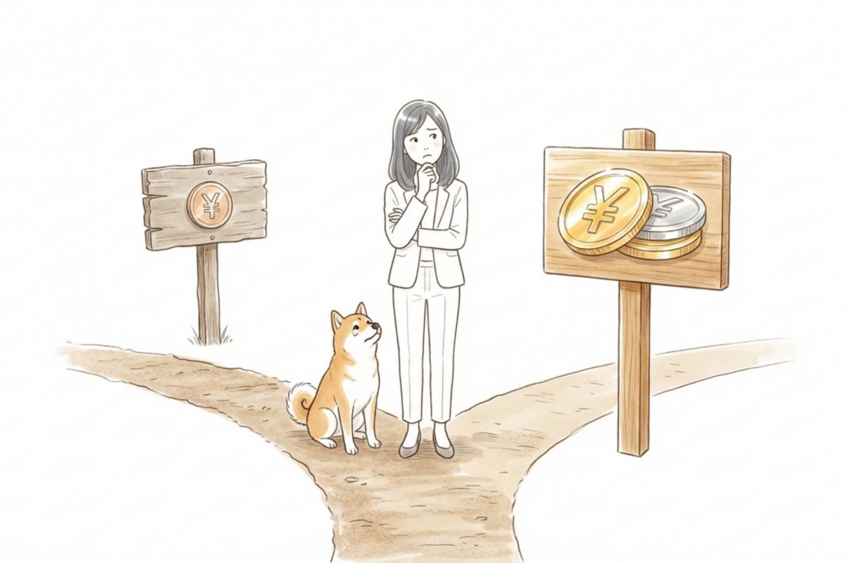 安いペットタクシー選びで料金に迷う飼い主と犬が分かれ道に立ち、料金看板と硬貨が描かれたイラスト