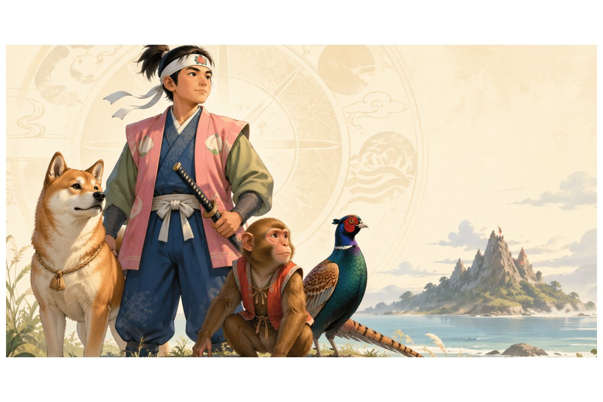 桃太郎と犬猿キジが鬼ヶ島を望むイラスト