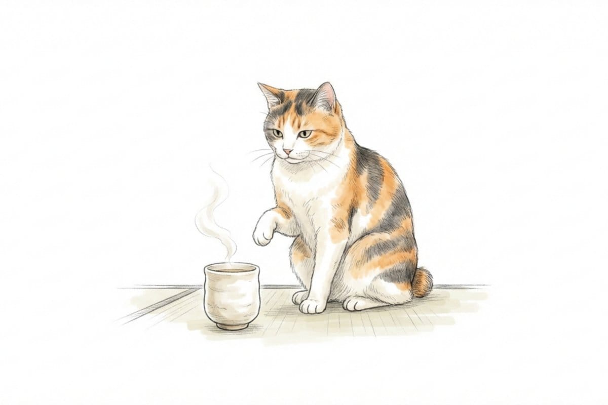 白い余白の中、湯気の立つ湯のみの前で三毛猫が座り、前足を少し上げて静かに見つめている。ことわざの意味と危険性を押さえつつ、猫とお茶の距離感を考える視点を添える一枚。