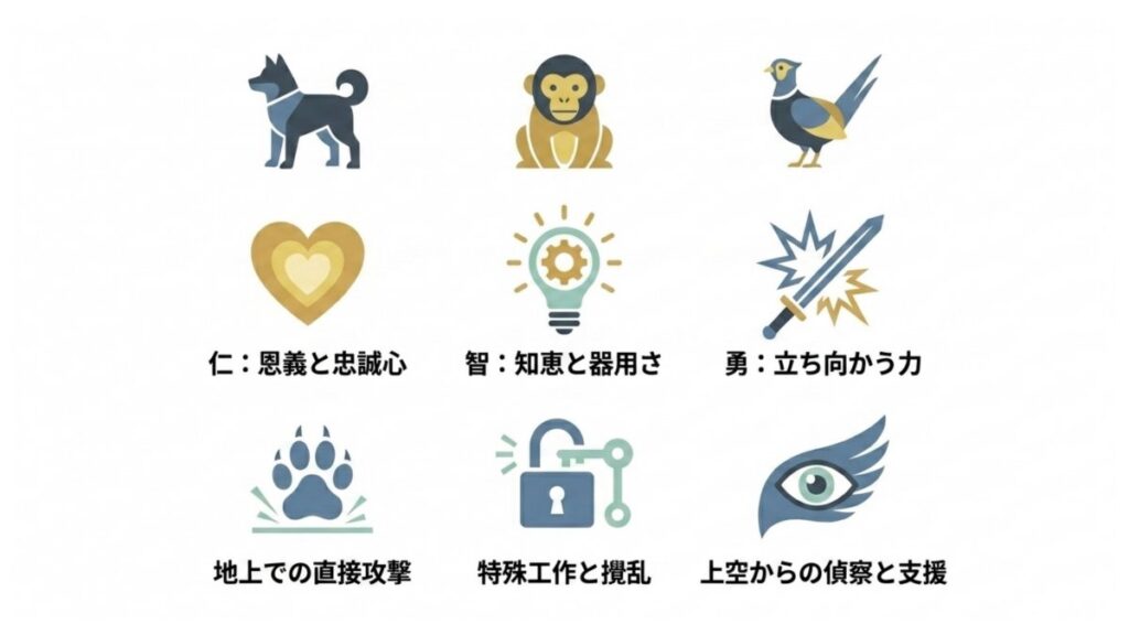 犬・猿・キジに対応する智・仁・勇と、地上戦・撹乱・偵察の役割を並べた解説図