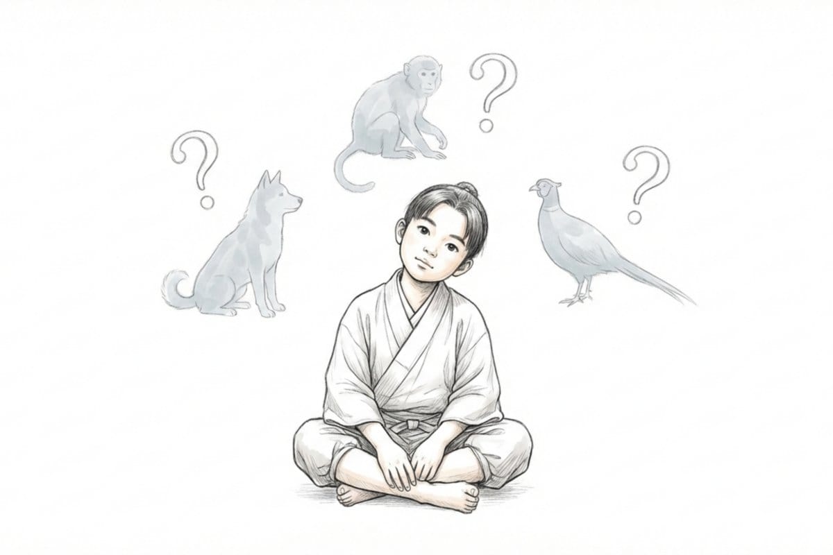 和装の少年が座り、周囲に犬・猿・キジの淡いイラストと疑問符が配置された構図。桃太郎のお供が犬猿キジである理由や由来を考える導入として伝わる場面