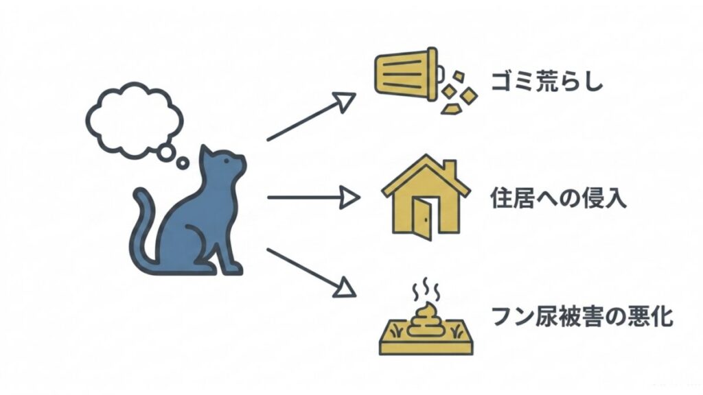 空腹の野良猫からゴミ荒らし、住居侵入、フン尿被害へ分岐する近隣環境悪化の概要図解