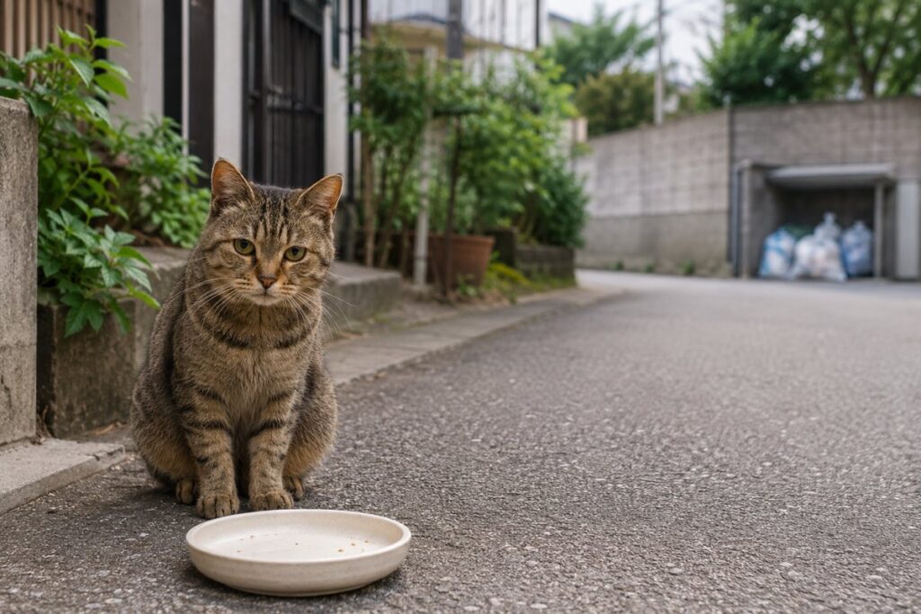 野良猫に餌をあげなくなったらどうなるかを示す空の餌皿と路地の猫