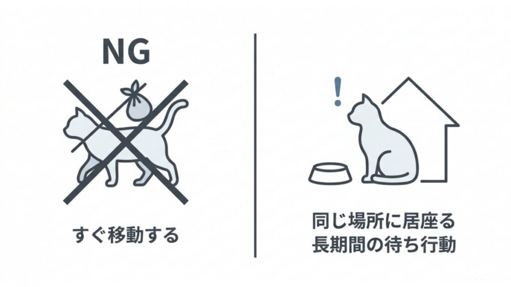 餌場を離れず同じ場所で待つ野良猫の長期的な居座り行動と縄張り範囲を表した比較図解