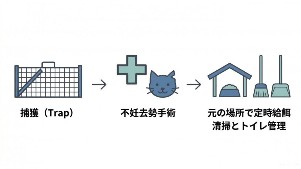 TNR後に元の場所で定時給餌と清掃、トイレ管理を行う地域猫活動の流れを表した図解
