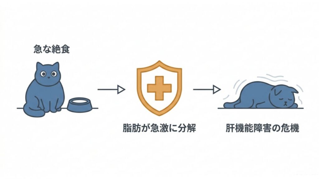 急な絶食で脂肪が分解され、肝機能障害につながる肝リピドーシスの発生過程を表した図解